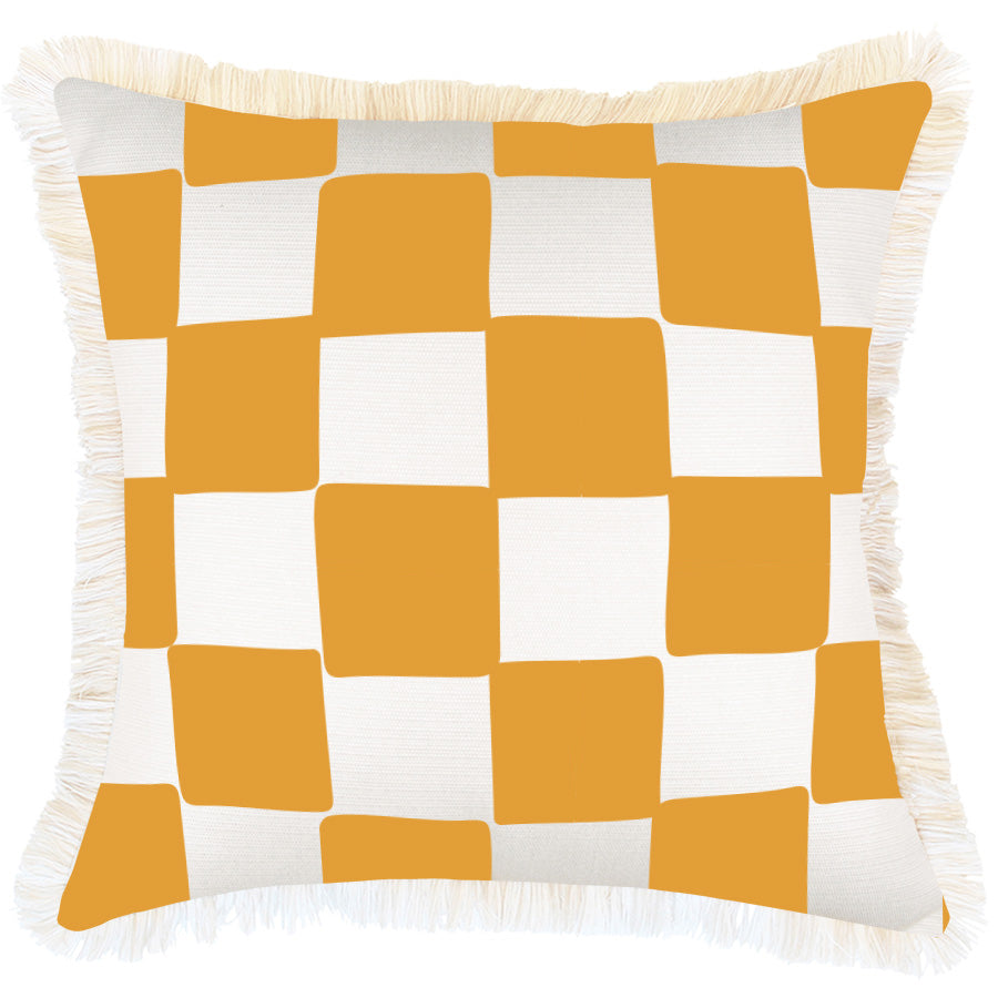 Cushion Cover-Coastal Fringe-Check Gold White-45cm x 45cm-0