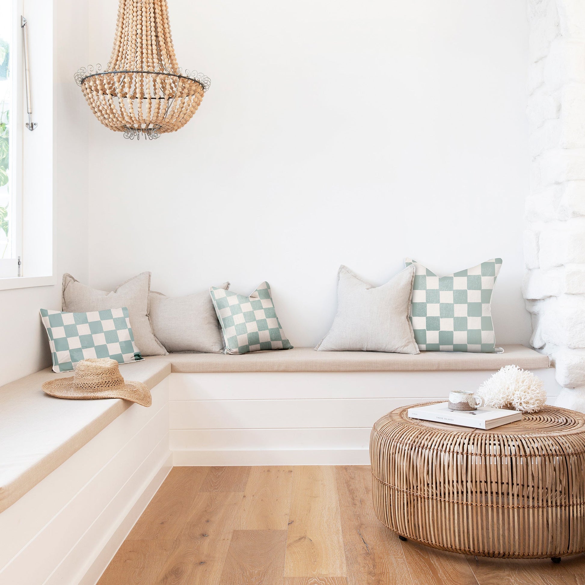Cushion Cover-With Piping-Check Seafoam-60cm x 60cm-1