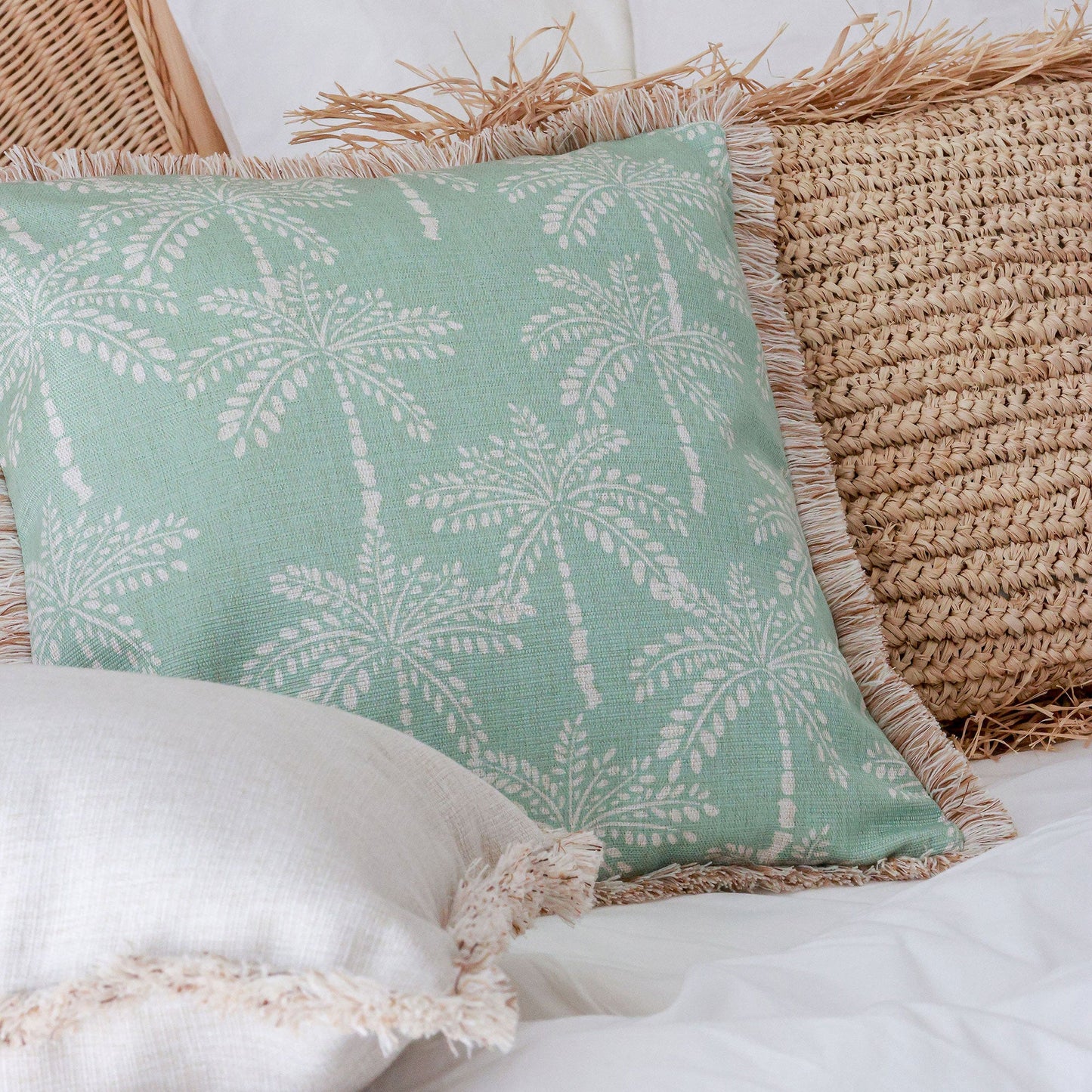 Cushion Cover-Coastal Fringe-Cabana Palms Seafoam-60cm x 60cm-1